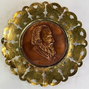 Vintage Johannes Brahms Wall Medallion | Ornate Brass Filigree Composer Plaque